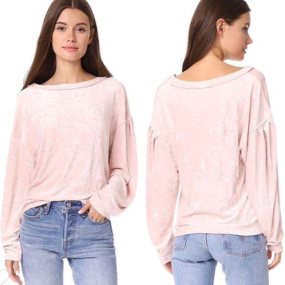 Free People WE THE FREE Blush Pink Milan Crushed Velvet Puff Sleeve Top Medium - Picture 3 of 9